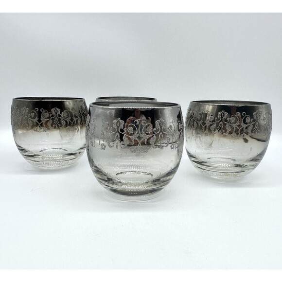 4 Dorothy Thorpe MCM Silver Fade Raised Luster Lace Lowball Whiskey Four Glasses - Picture 1 of 6